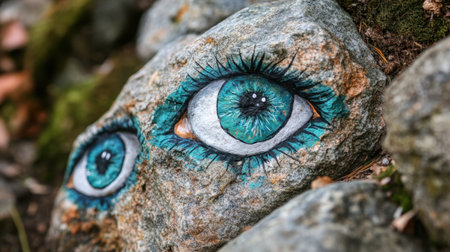 This striking rock art features realistic turquoise eyes, beautifully contrasting with the surrounding natural elements, capturing the beauty of art in nature.の素材