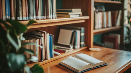 A serene view of an inviting library featuring an open book on a wooden table, accompanied by a backdrop of colorful bookshelves and lush indoor plants, ideal for reading.の素材