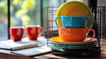 A lively display of colorful dishware including plates and bowls, set in a sunlit kitchen, ideal for showcasing vibrant home designs and table setting inspirations.の素材