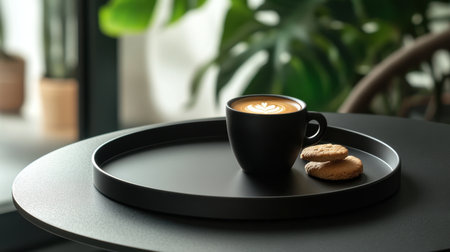 A cozy setting featuring an espresso cup with a beautiful foam design, surrounded by cookies on a sleek black tray. Perfect for coffee lovers and relaxing moments.の素材