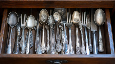 A beautiful assortment of vintage cutlery arranged in a wooden drawer, showcasing the shiny spoons and forks with intricate designs, perfect for adding charm to any dining experience.の素材
