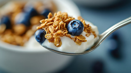 A close-up shot of creamy yogurt garnished with crunchy granola and fresh blueberries on a spoon, showcasing a delicious and nutritious breakfast option for wellness enthusiasts.の素材