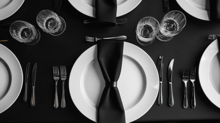 A sophisticated dining arrangement showcasing white plates and sleek glassware on a black tablecloth, perfect for formal events and elegant gatherings.の素材