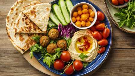 A vibrant Mediterranean platter showcasing creamy hummus, crispy falafel, fresh vegetables, and juicy melons arranged beautifully on a rustic wooden board. Perfect for healthy eating inspiration.の素材