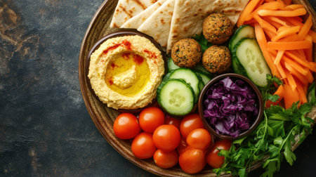 A beautifully arranged Mediterranean mezze platter showcasing hummus, falafel, fresh vegetables, and pita bread, perfect for healthy snacking or casual dining experiences.の素材