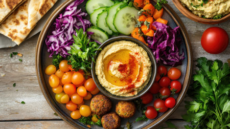 Captivating vegetarian platter showcasing creamy hummus, vibrant fresh vegetables, and crispy falafel, perfect for health-conscious eaters and culinary photography.の素材