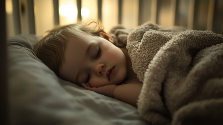 A serene image capturing a sleeping baby in a crib, wrapped in a soft blanket with gentle light creating a peaceful atmosphere for nighttime rest.の素材