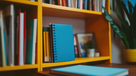 A vibrant blue notebook rests on a wooden desk adorned with a bookshelf filled with books and a green plant, creating a welcoming and inspiring workspace atmosphere.の素材