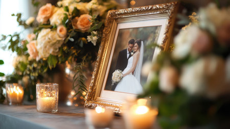 A beautifully arranged wedding table featuring a framed photo of the bride and groom, surrounded by flowers and soft candlelight, creating a romantic atmosphere for celebrations.の素材