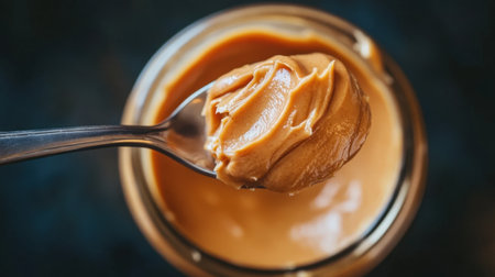 A close-up shot of creamy peanut butter on a spoon above a jar, showcasing the rich texture and inviting appearance of this delicious snack and ingredient.の素材