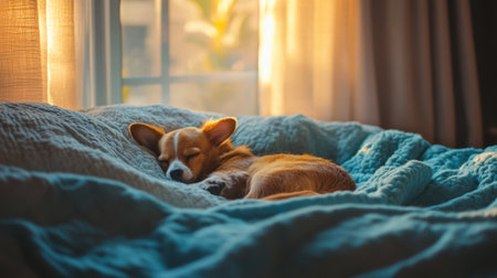 A charming image of a sleeping corgi nestled on a soft blanket, illuminated by warm natural light, capturing a serene and cozy atmosphere in a home setting.の素材