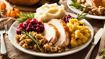 A mouthwatering Thanksgiving plate featuring roasted turkey, stuffing, creamy mashed potatoes, and cranberry sauce, perfect for festive family gatherings and holiday celebrations.の素材