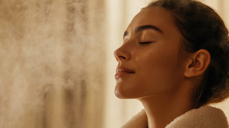 A young woman exhales steam while enjoying a serene moment at home, highlighting her peaceful expression and the soothing ambiance of self-care and wellness.の素材