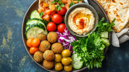 A vibrant Mediterranean platter featuring hummus, falafel, fresh vegetables, and pita bread arranged beautifully on a rustic table, ideal for health-conscious diners.の素材
