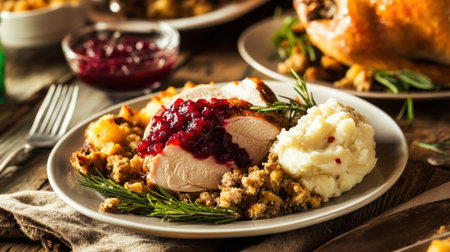 A delectable Thanksgiving plate showcasing roast turkey, rich cranberry sauce, creamy mashed potatoes, and stuffing, perfect for holiday gatherings and festive celebrations.の素材