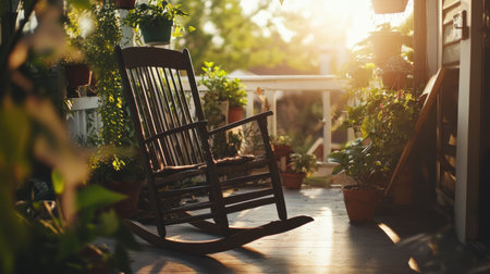 A tranquil porch showcases a rocking chair bathed in warm sunlight, surrounded by vibrant plants in pots, creating a cozy and peaceful outdoor space for relaxation and enjoyment.の素材