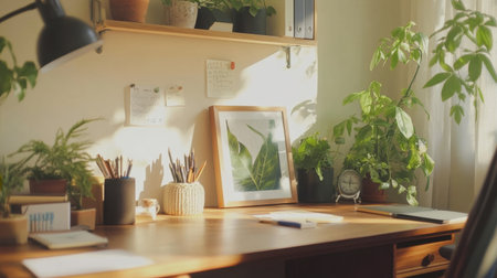 A serene home office featuring a wooden desk adorned with indoor plants and artistic elements, bathed in natural light, encouraging creativity and productivity.の素材
