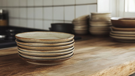 A beautiful arrangement of stacked ceramic plates on a wooden kitchen counter, showcasing a blend of modern minimalism and natural warmth in a cozy space filled with light.の素材