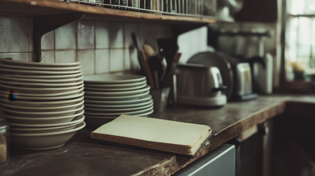 A charming rustic kitchen scene with stacked plates, an open journal, and various kitchen utensils on a wooden countertop, creating a warm and inviting atmosphere perfect for cooking and creativity.の素材
