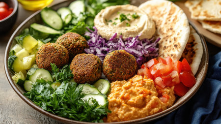 A vibrant Middle Eastern platter filled with falafel, creamy hummus, fresh vegetables, and warm pita, showcasing healthy eating and rich flavors in a colorful presentation.の素材