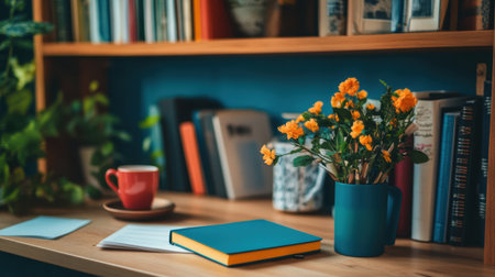 A serene home workspace featuring a bright flower arrangement, an inviting coffee mug, and a colorful bookshelf, perfect for fostering creativity and comfort in any setting.の素材