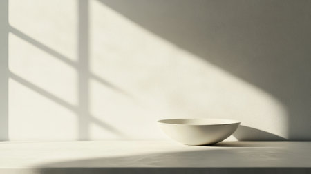 A serene minimalistic scene featuring a white bowl on a neutral surface, enhanced by soft shadows cast from gentle natural light, perfect for contemporary design themes.の素材