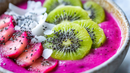 Discover a colorful smoothie bowl adorned with kiwi, apple, coconut flakes, and chia seeds, perfect for a nutritious breakfast or snack rich in flavor and health benefits.の素材