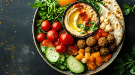 A vibrant and nutritious Mediterranean lunch bowl featuring creamy hummus, crispy falafel, fresh vegetables, and warm pita bread, perfect for a healthy meal option.の素材