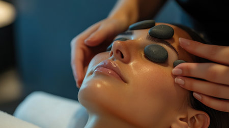 A soothing spa experience featuring a woman receiving a relaxing hot stone facial treatment to enhance her skin health and promote deep relaxation in a tranquil environment.の素材