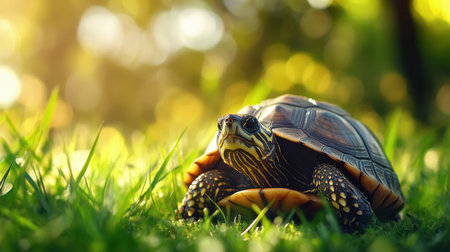A vivid close-up of a turtle gracefully crawling on bright green grass, illuminated by soft sunlight, showcasing its unique patterns and textures in a peaceful natural setting.の素材