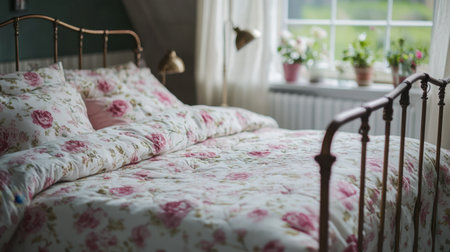 This serene bedroom features a cozy bed adorned with floral bedding, bathed in natural light that creates a tranquil atmosphere for unwinding and relaxation.の素材