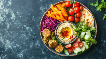A vibrant Mediterranean platter showcasing creamy hummus, crispy falafel, fresh vegetables, and warm pita, perfect for a healthy snack or party dish.の素材