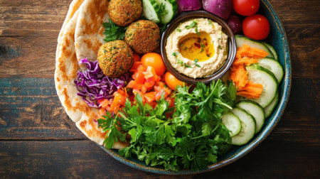 A vibrant Mediterranean platter showcasing falafel, creamy hummus, fresh vegetables, and pita bread, perfect for healthy meals or colorful presentations.の素材