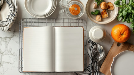 Open notebook on a marble surface surrounded by cooking ingredients, tableware, and fresh produce, inspiring creativity in culinary endeavors and recipe writing.の素材