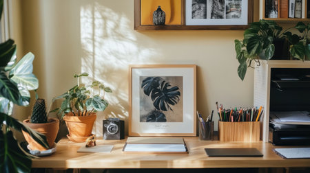A serene home office setting featuring a stylish desk adorned with plants, artistic decor, and a vintage camera, perfect for inspiring creativity and productivity in a tranquil environment.の素材