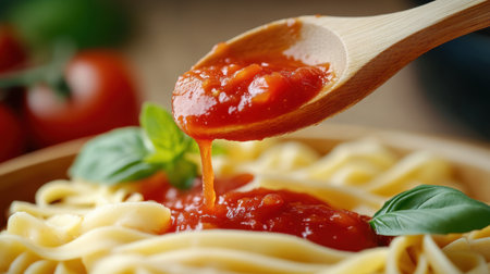 A delectable scene featuring a spoonful of rich tomato sauce drizzling over steaming spaghetti, enhanced by fresh basil, presenting a mouthwatering culinary delight in a cozy kitchen atmosphere.の素材