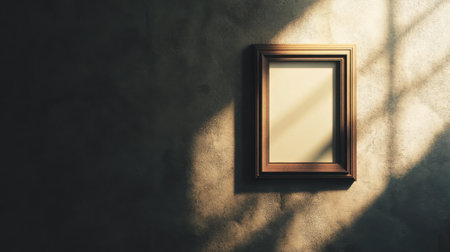 A vintage frame rests on a textured wall, illuminated by soft natural light. The gentle shadows create a serene ambiance, perfect for artistic expression or minimalist decoration.の素材