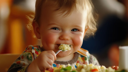 A cheerful baby enjoys a colorful meal with a spoon, radiating happiness. This joyful scene captures the delight of eating, showing innocence and love in a family setting.の素材