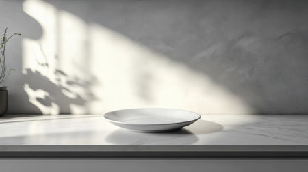 A white minimalist plate rests elegantly on a marble surface, illuminated by soft natural light creating gentle shadows. Perfect for showcasing modern culinary designs and simple elegance.の素材