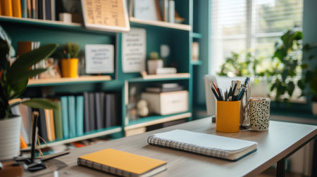 A bright and inviting home office featuring a well-organized workspace, modern decor, and indoor plants that promote productivity and creativity in a soothing environment.の素材