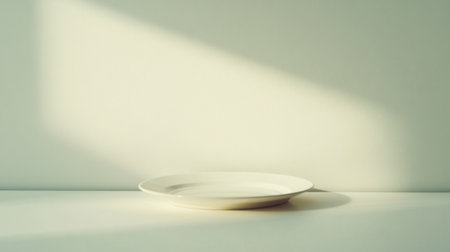A serene and minimalist image of a white plate resting on a smooth surface, bathed in soft natural light, perfect for conveying simplicity and elegance in culinary settings.の素材