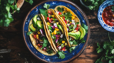 Savory and vibrant tacos loaded with fresh vegetables and avocado, presenting a delightful meal option for gatherings or casual dining moments filled with flavor.の素材