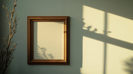 An empty picture frame casts soft shadows on a wall, demonstrating a minimalist aesthetic. The natural light creates a serene atmosphere, perfect for artistic decor.の素材