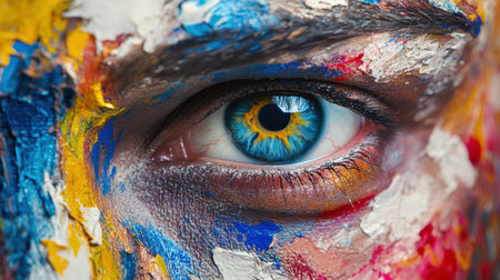 This stunning close-up showcases a striking blue eye surrounded by colorful face paint, highlighting an artistic expression filled with vibrant colors and intricate details.の素材