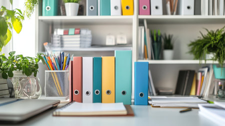 A vibrant office space featuring colorful binders, notebooks, and plants. This organized setup promotes productivity and creativity in work or study sessions.の素材