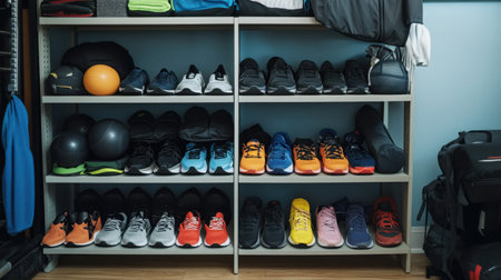 A neatly organized shelf displaying a variety of athletic shoes and fitness equipment, showcasing a modern home gym setup ideal for promoting an active lifestyle and personal fitness.の素材