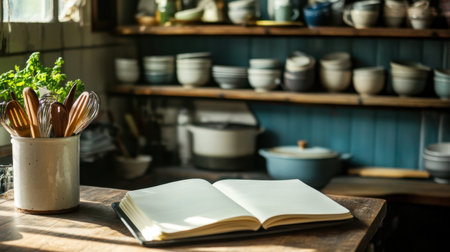 A beautifully arranged kitchen scene showcasing an open recipe book on a wooden table, surrounded by kitchen utensils, ceramic dishes, and vibrant greenery for an inviting atmosphere.の素材