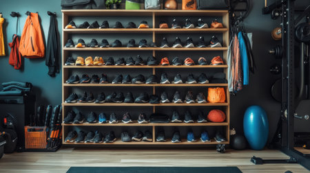 A modern fitness gym features a neatly organized wooden shelf filled with various athletic shoes, showcasing a commitment to fitness and an active lifestyle in a stylish space.の素材