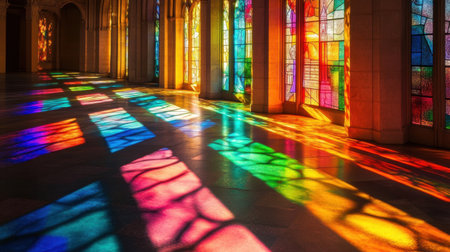 This stunning image captures the vibrant interplay of sunlight and stained glass, creating colorful reflections and intricate patterns on the floor of an elegant architectural space.の素材