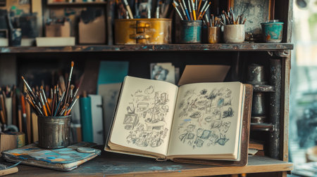 A warm and inviting artist studio featuring an open sketchbook filled with detailed illustrations alongside various art supplies, creating a creative atmosphere.の素材